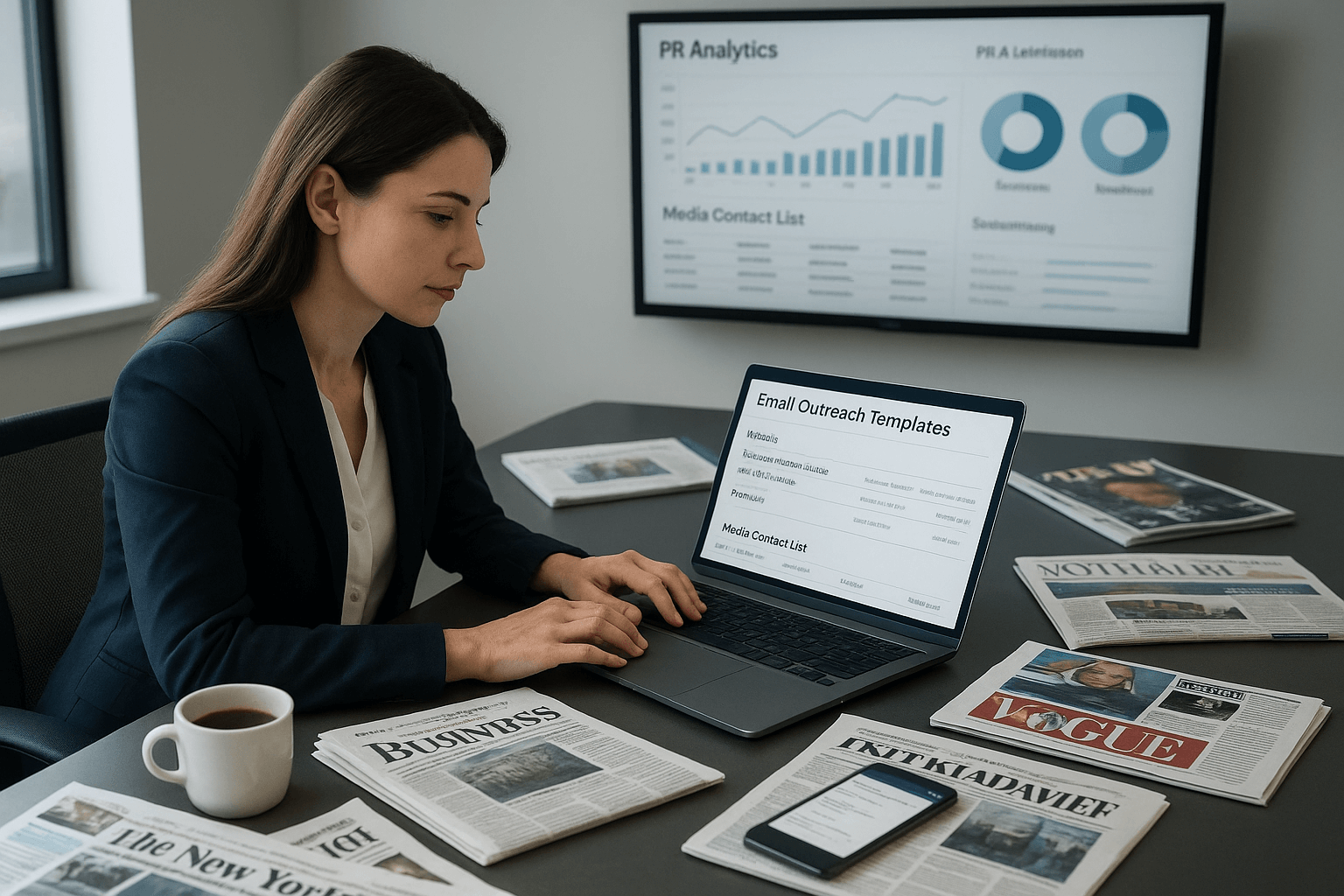 Professional businesswoman working on PR strategy and media outreach campaign for social media verification, surrounded by newspapers, magazines and digital analytics showing media coverage tracking and journalist contact management