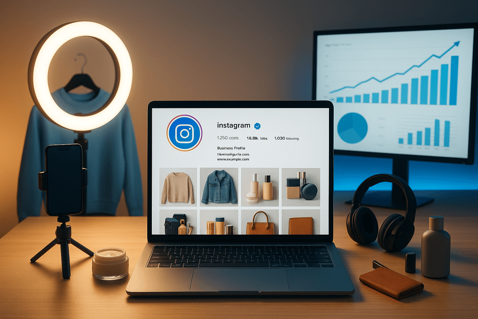 Professional e-commerce workspace with laptop showing verified Instagram business profile and product photography setup, representing Instagram verification benefits for online retailers
