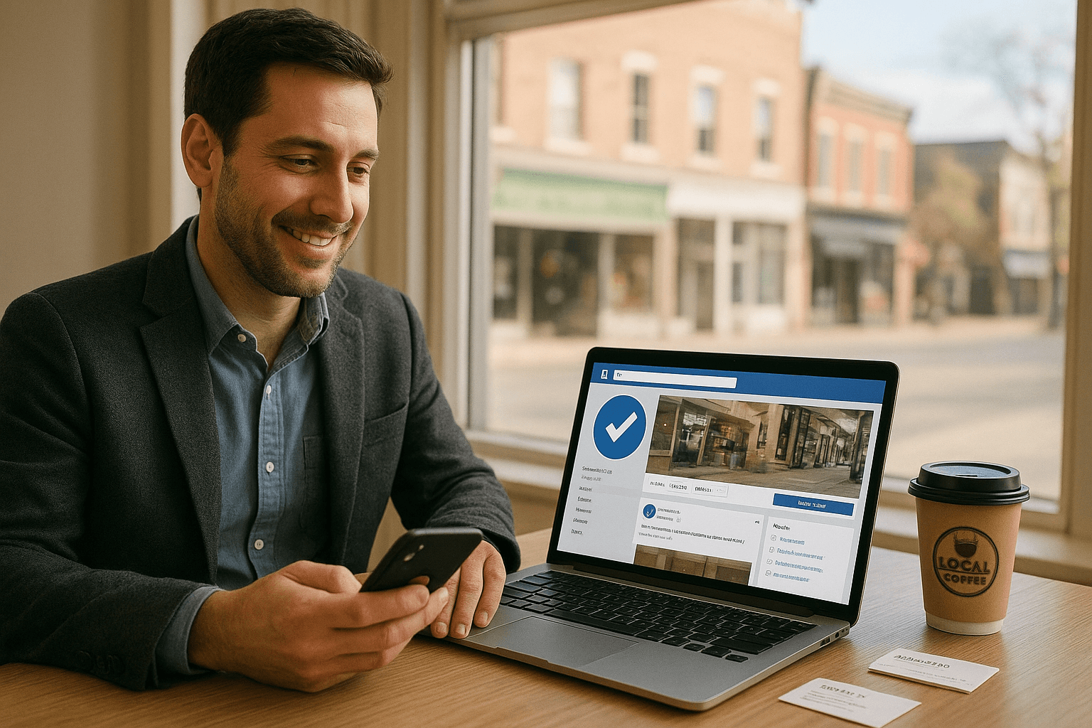 Local business owner at desk with laptop showing Facebook verification badge, representing community business credibility and social media success