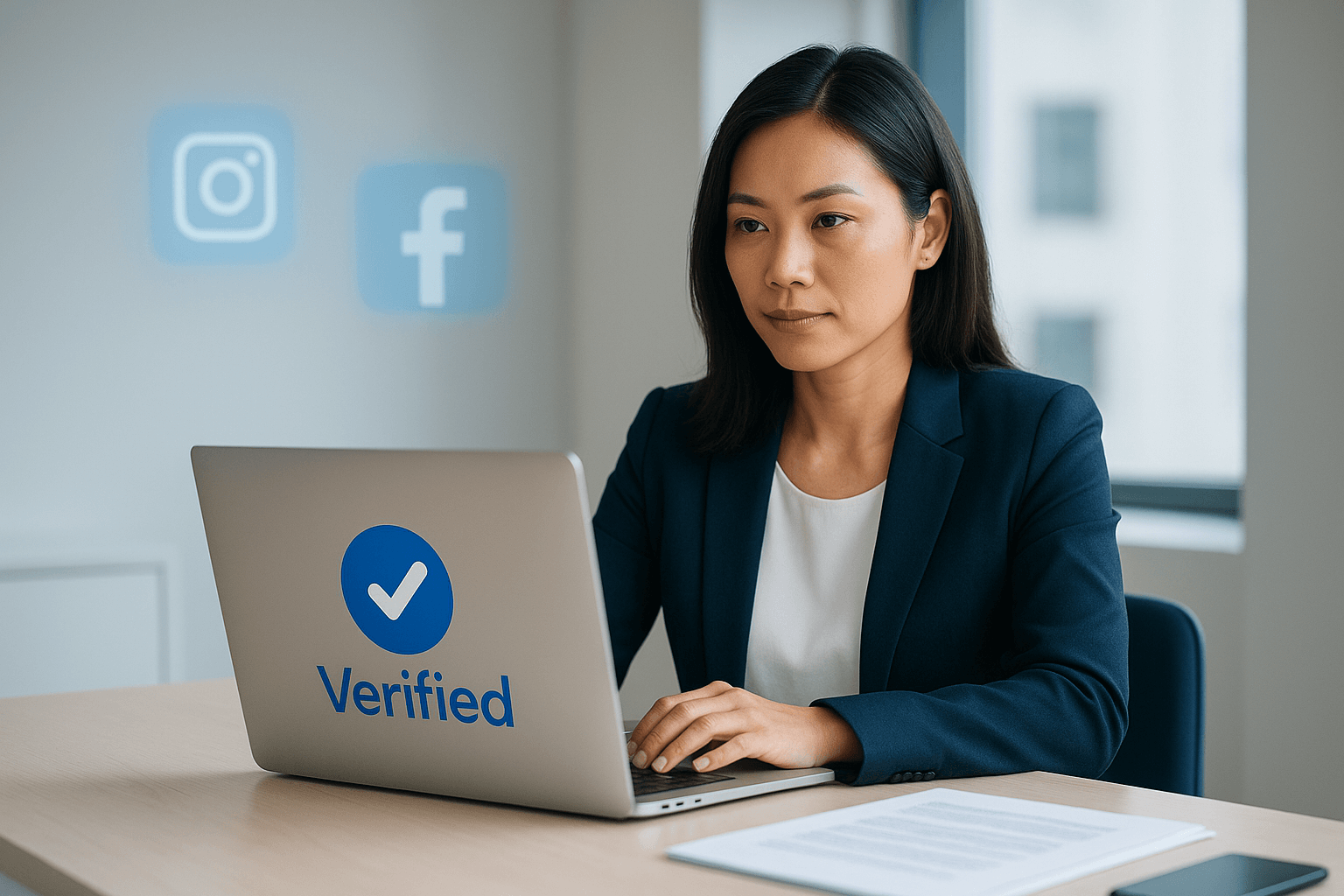 Professional reviewing Meta verification application on laptop with verification badge displayed on screen