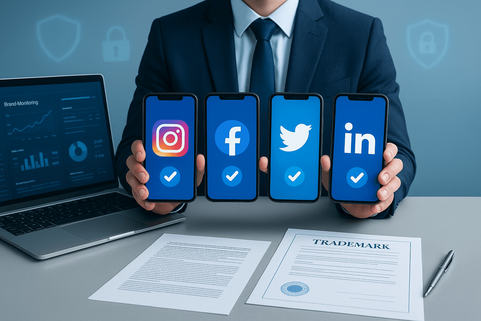 Professional workspace showing social media verification badges and brand protection monitoring tools on multiple devices