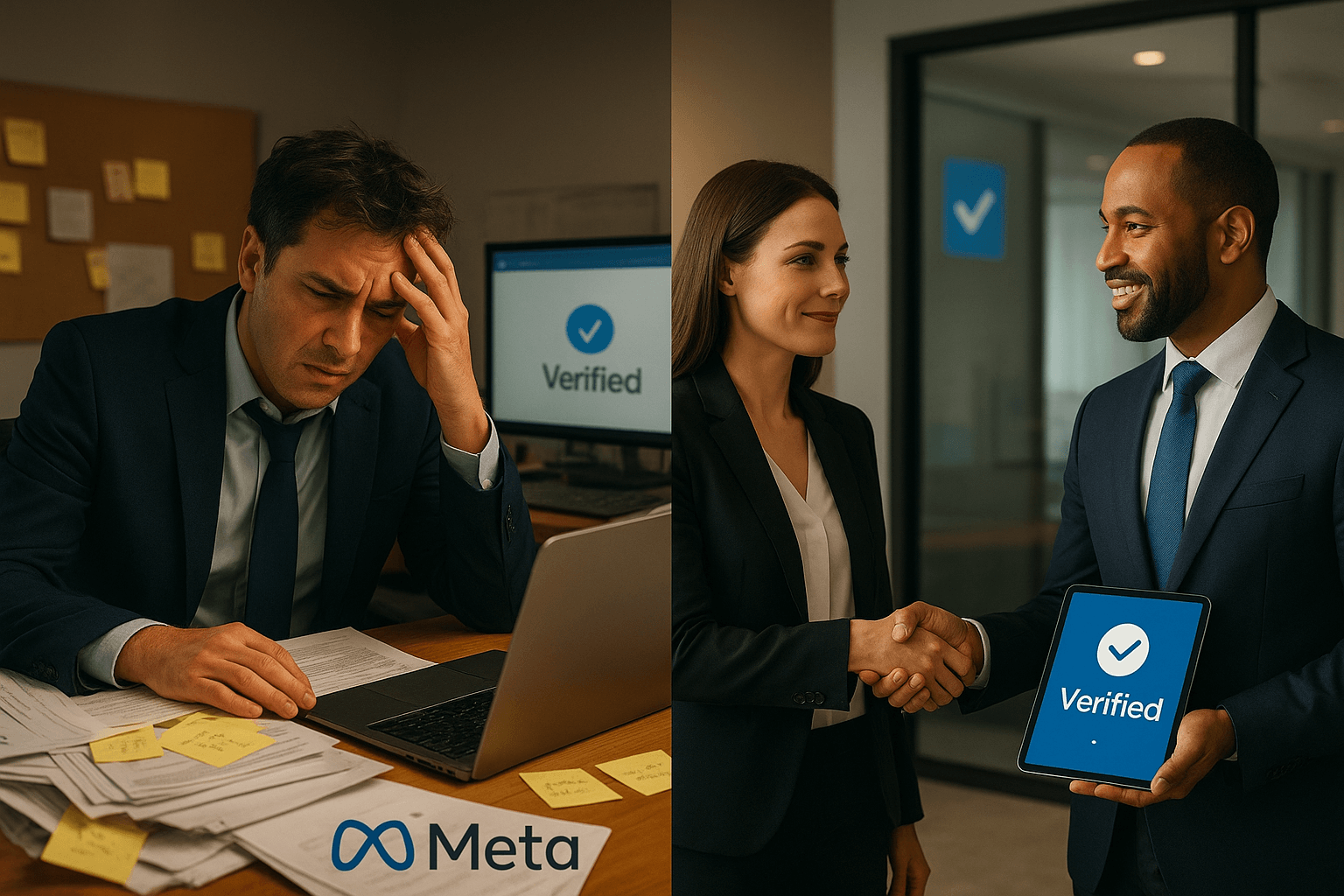 Business professional comparing DIY Meta verification process versus hiring a professional agency, showing the contrast between self-managed complexity and expert assistance