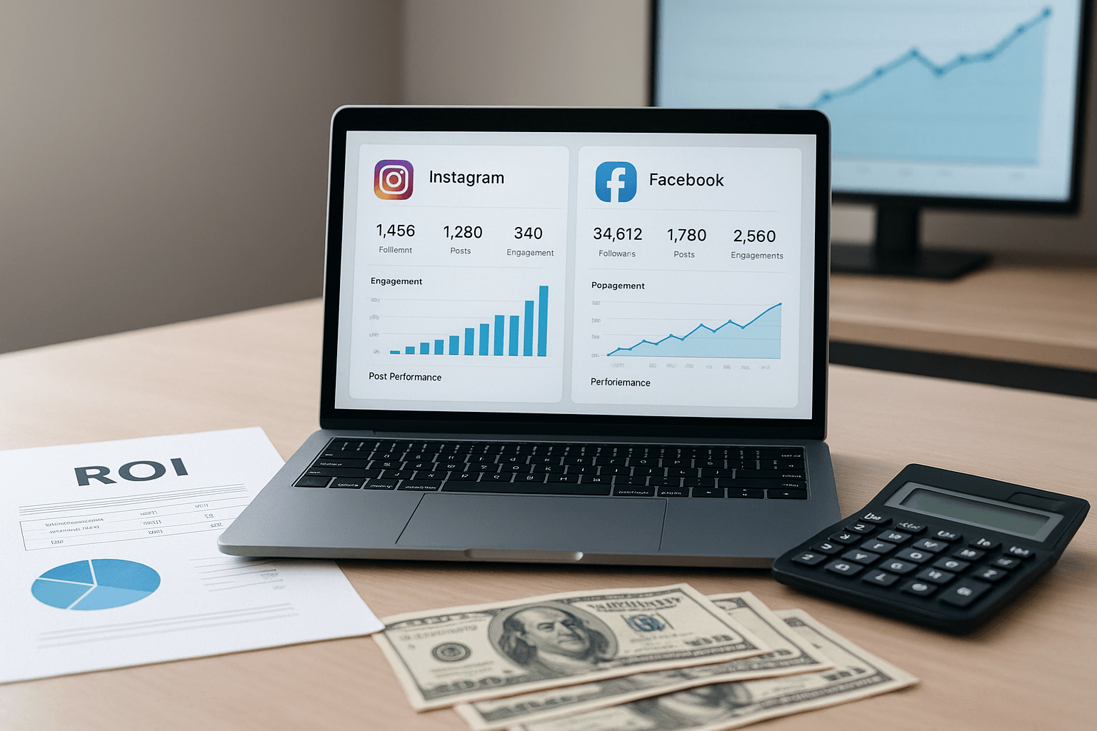 Business laptop displaying verified social media profiles with ROI analytics charts and financial documents on office desk, representing social media verification investment returns