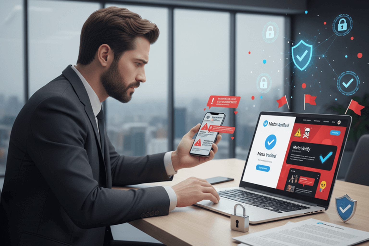 Professional examining legitimate vs fake Meta verification services on laptop and smartphone with security warnings and official documentation on modern office desk