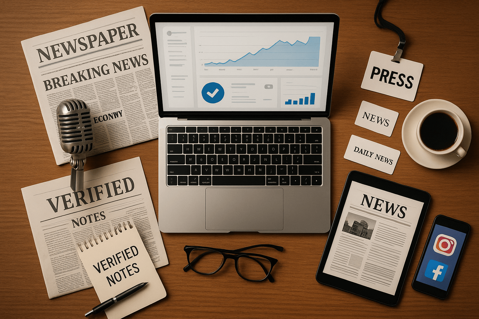 Professional journalist workspace showing laptop with social media verification badges, newspapers, microphone, and digital devices representing various types of media coverage for social media verification